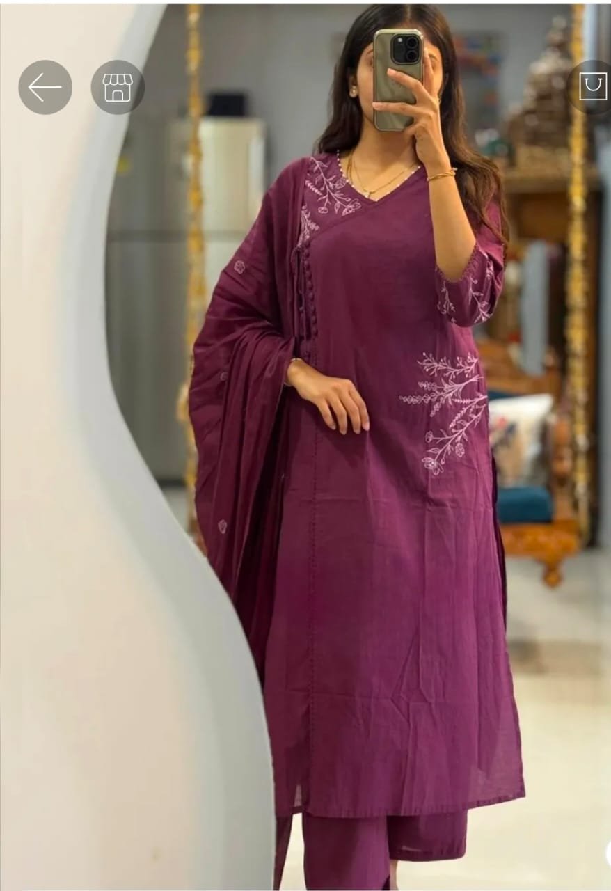 Wine Cotton A-Line Kurti Pant Dupatta Set